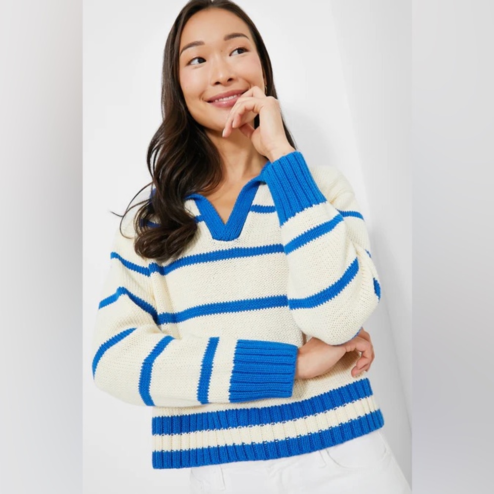 NWT Tuckernuck Cerulean Stripe Charlie Polo Sweater‎ XL/XXL Pomander Place blue